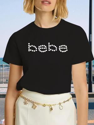 Black and White Bebe Letter Print T-Shirt Short Sleeve Crew Neck Casual Top for Summer & Spring Women'S Clothing