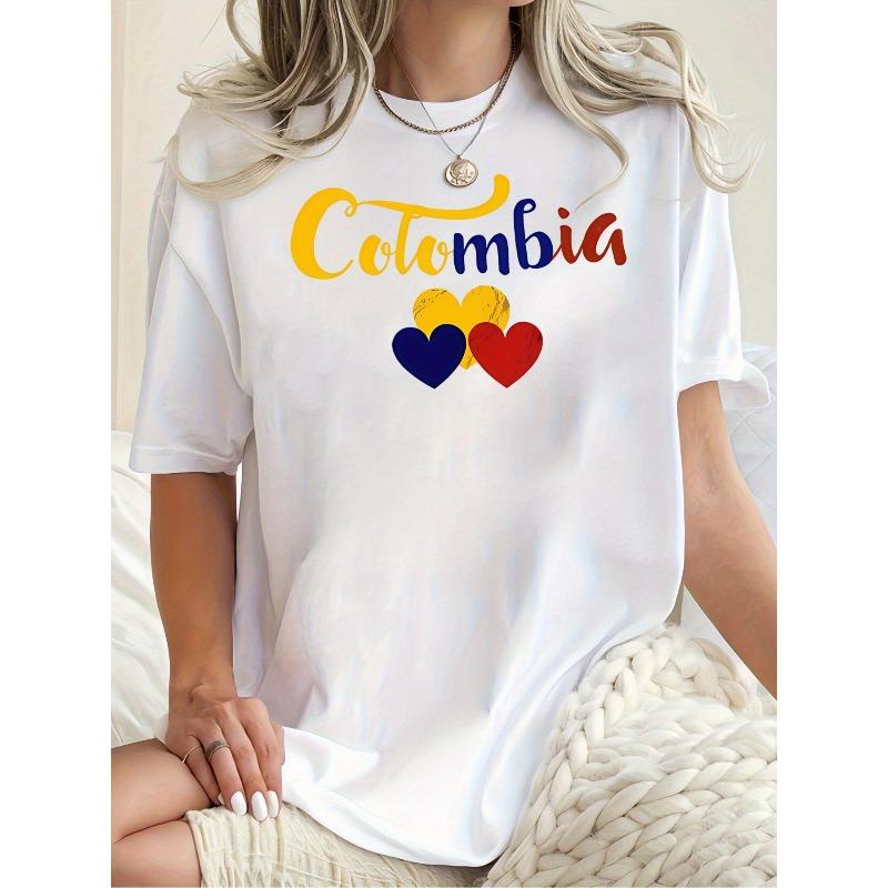 

Wo Casual Short Sleeve T-Shirt with Colombia Script and Colorful Heart Print | Breathable Round Neck Summer Top, S белый