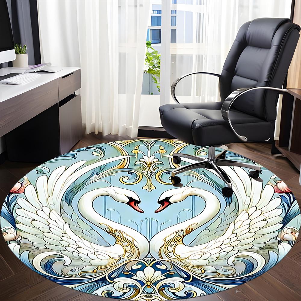 1pc Swan Art Office Round Area Rug, Indoor Mat Suitable ForOffice, Under Office Chairs Bedroom Living Room Home Decor D019