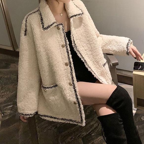 

2025 Women s Autumn/Winter Loose Short Lamb Wool Fleece Cardigan M (suggested for weight 50-57.5kg) брудно-білий