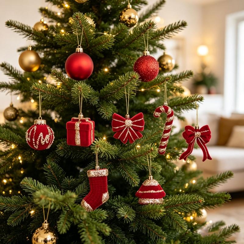 Wine Red Christmas Decorations with Soft-Looking Textured Finish, Gold Trim, and Hanging String for Holiday Tree and Porches