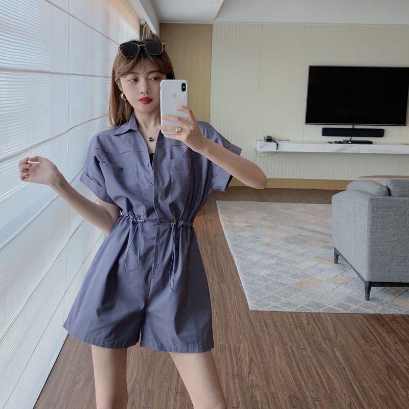 Retro Women’s Waist-Cinched Workwear Jumpsuit: 2026 Korean Style, Short-Sleeved, Loose Wide-Leg Shorts