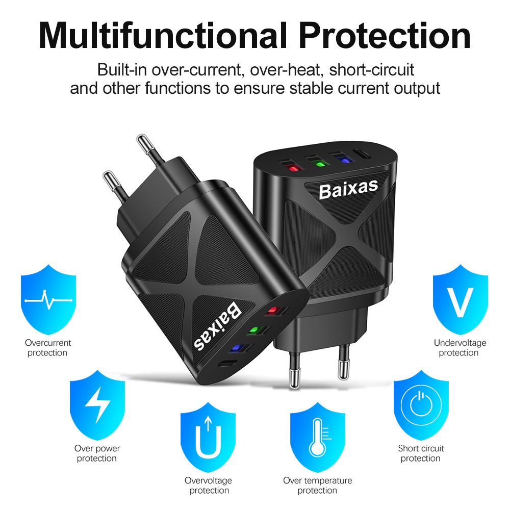 Universal Travel Charger: EU 3-USB + Type-C, US/UK Standard, 5V 2.4A