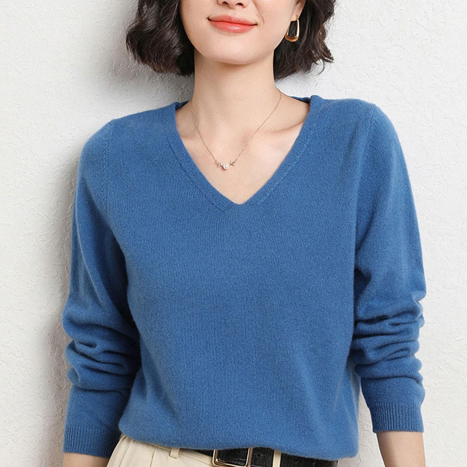 

Женский вязаный свитер с длинными рукавами и v-образным вырезом, свободный тонкий топ XXL синий