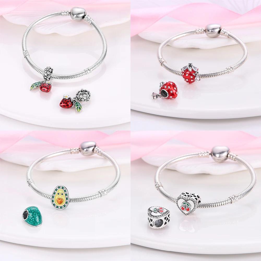 Strawberry Cherry Apple Avocado Fruit Charms Pendants Bead Fit Diybracelet Originalcopper Birthday Jewelry Fine Gift