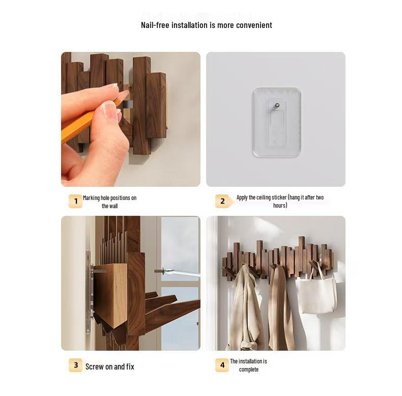 Solid Wood Coat Rack with Piano Key Hooks – Adhesive, No-Punch Design for Wall or Door