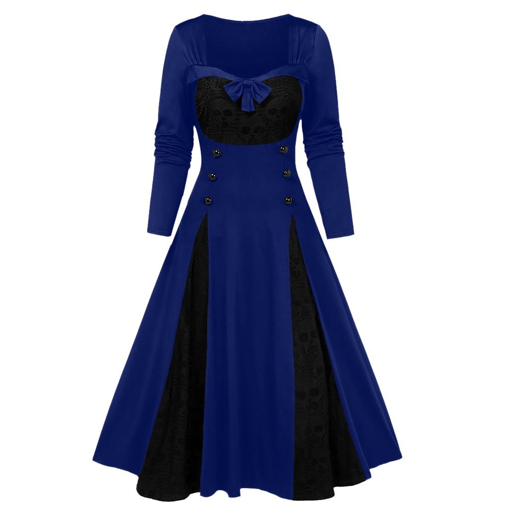 Women's Lace Color Block Patchwork Dress Vintage Long Sleeve Bow Dress Halloween Party Dress