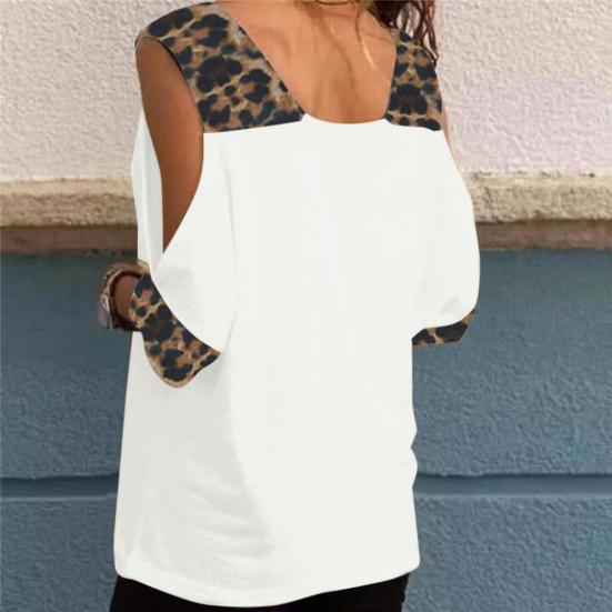 Women Half Sleeve V Neck Cold Shoulder Leopard Patchwork T-shirt Blouse