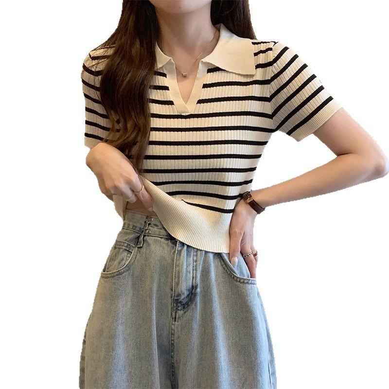 Women's 2025 Striped Ice Silk Knitted Polo Collar Short Sleeve Slim Top