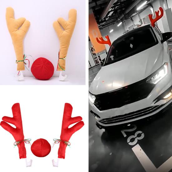 3Pcs Christmas Car Decorations Car Reindeer Antlers Red Nose Kit Festive Auto Accessories