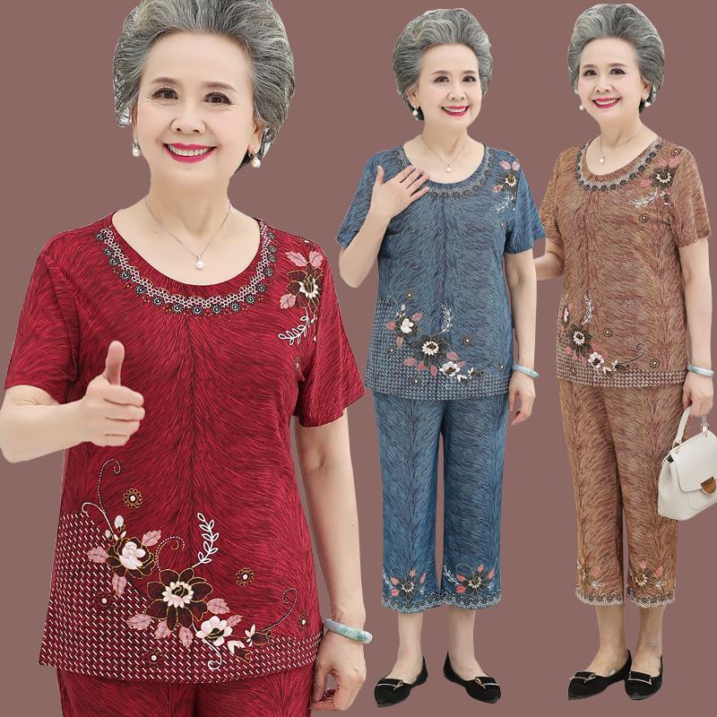 Large Size Women 2 Piece Set Loose Print Short-sleeved T-shirt Tops + Pants Suits Middle-aged Mother Summer