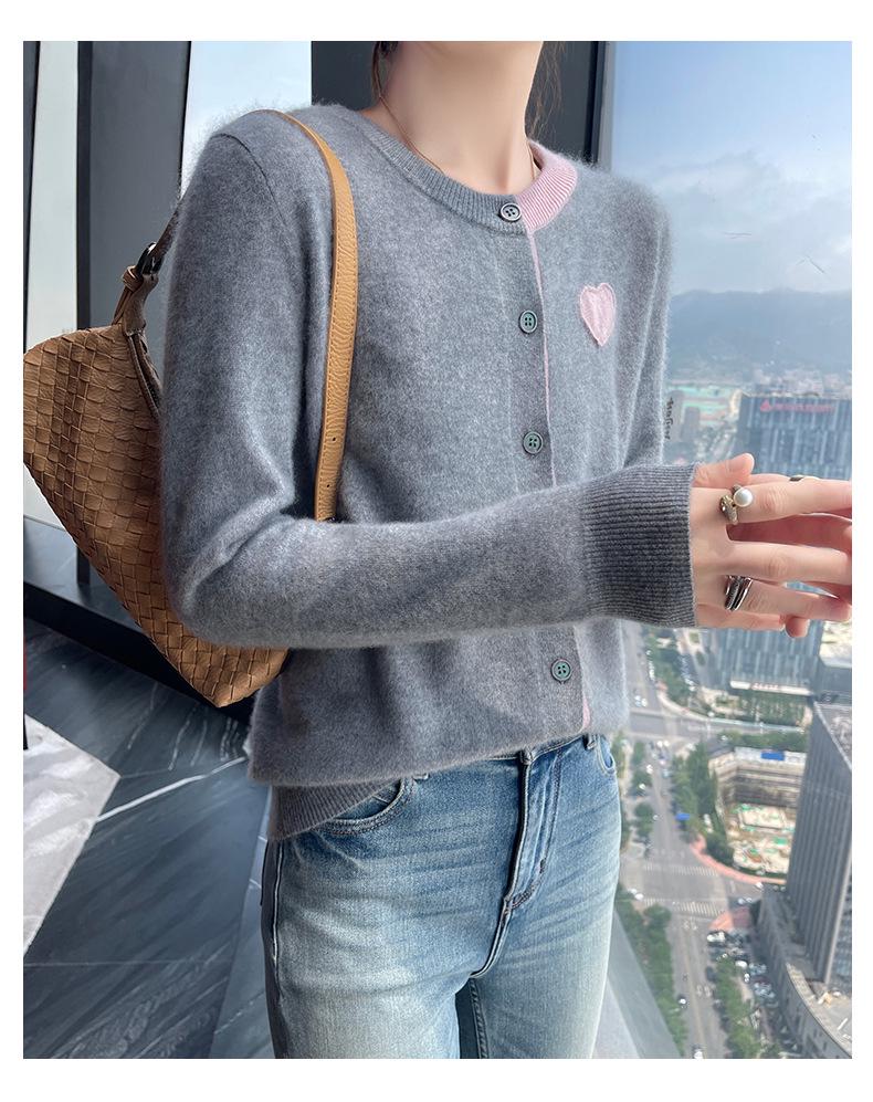 Women's Cashmere Cardigan - Round Neck, Sweetheart Embroidery, Color Block, Loose Fit Wool Top