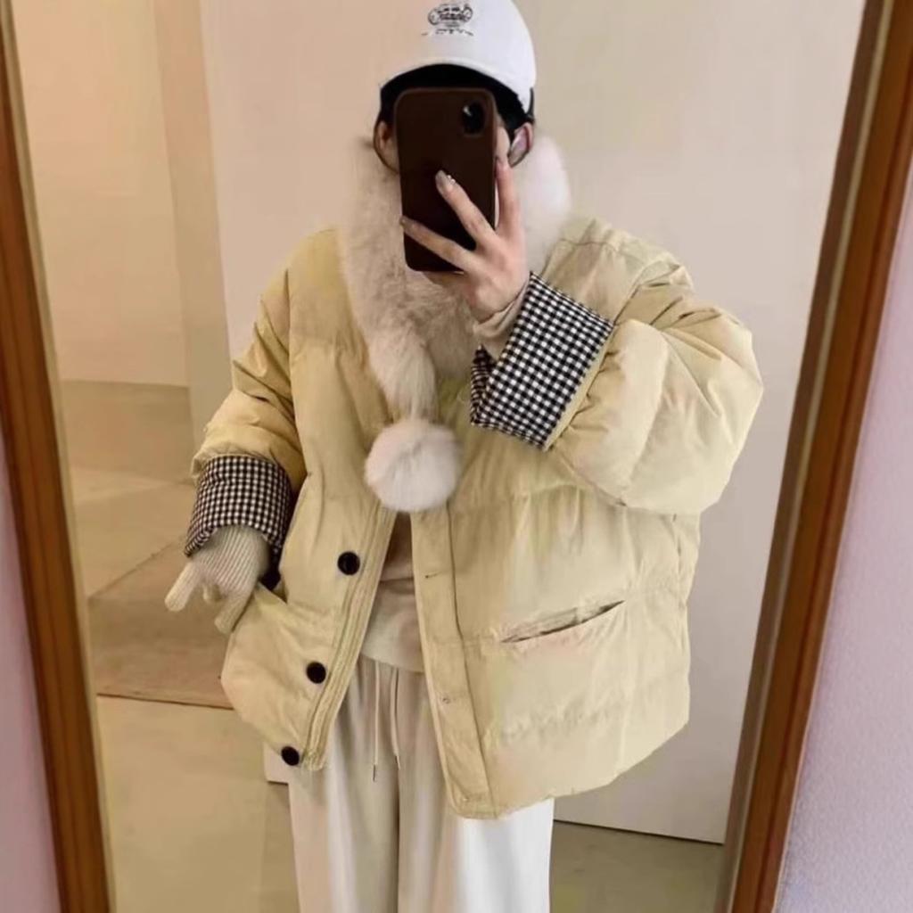 South Korea Dongdaemun short down cotton clothes women's plaid contrasting colors high-end small scarf fur collar jacket