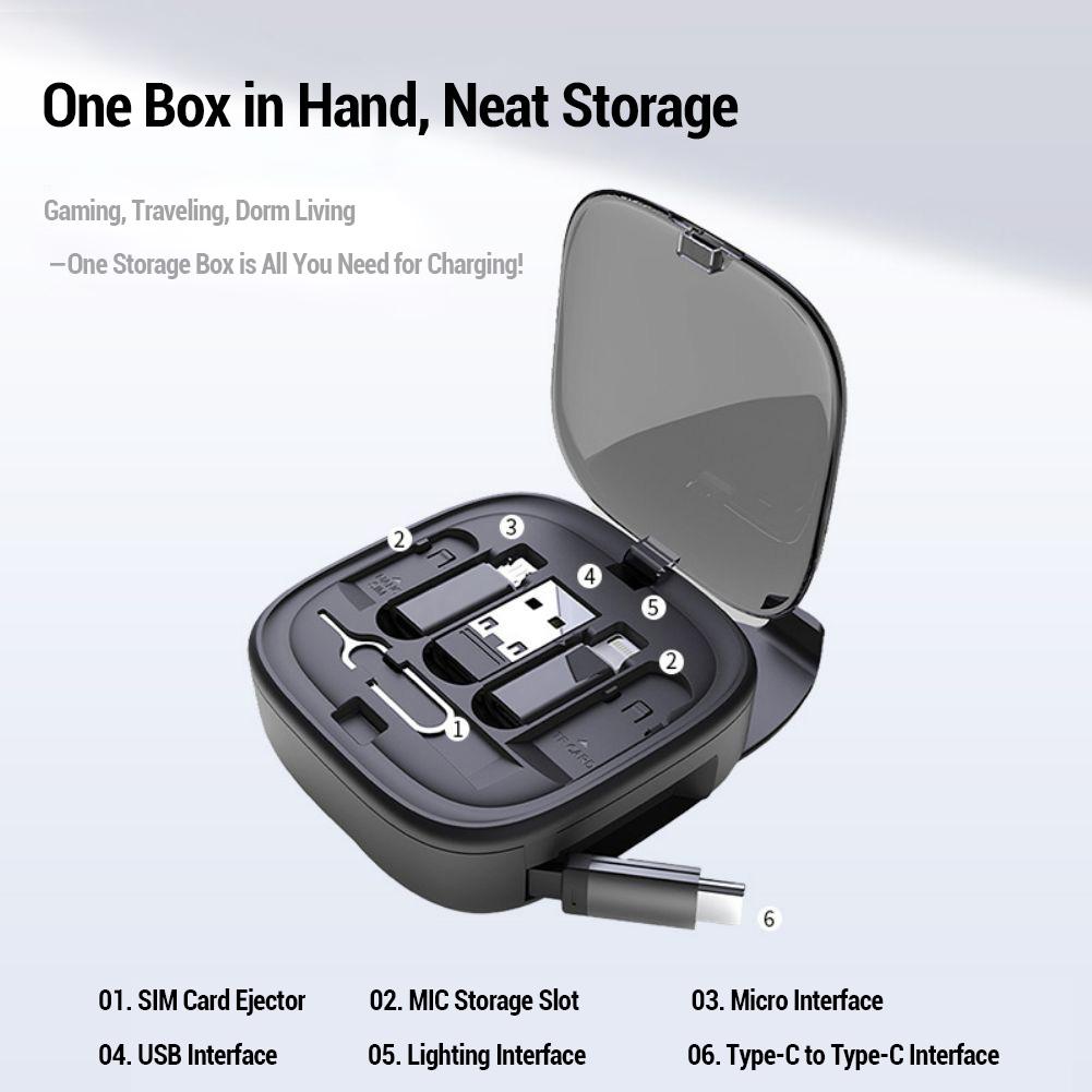 60W Cable Card Box Universal Retractable Charging Cable Adapters Portable Storage Box With SIM Tools Card Storage Slot