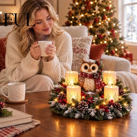 Christmas Party Supplies Lighted Highland Cow Table Centerpiece, Resin Flickering LED Flameless Candles, Frosted Pinecone Displays Pine Red