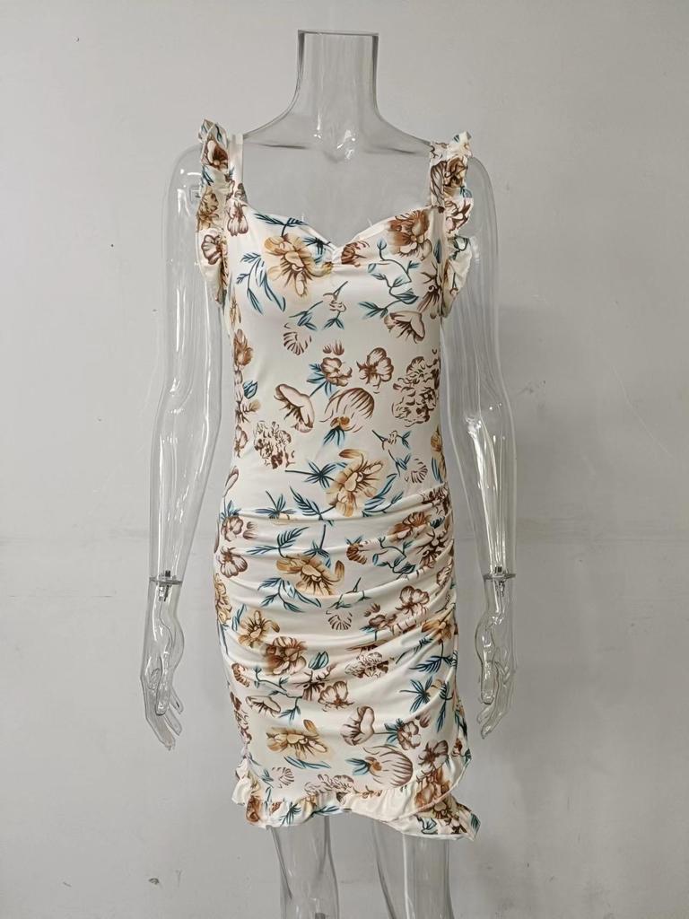 Summer 2026 Floral Print Ruffle Sleeveless V-neck Dress