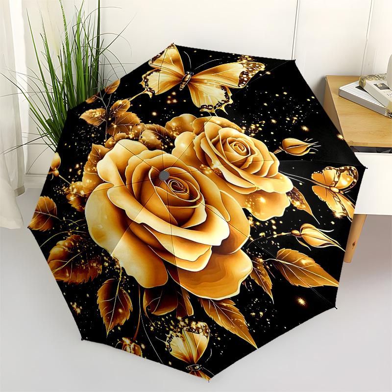 1PC Golden Roses Butterfly Umbrella-8-Rib Reinforced, Automatic Open, Lightweight & Durable, Fashion Accessory for Outdoor, Beach L0361