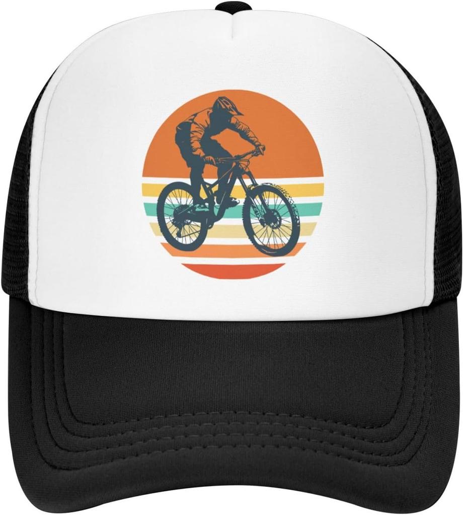 Mountain Biking Sunset Graphic Trucker Hat Polyester Outdoor Adjustable Snapback Cap for Men Women