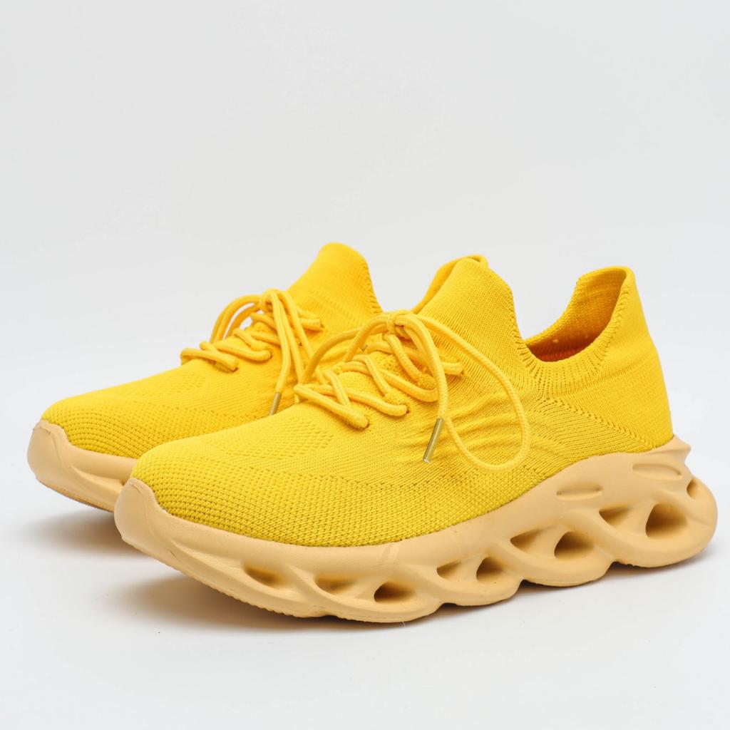 Unisex Chunky Sneakers Breathable Knitted Yellow Platform Running Shoes Lightweight Casual Sports Footwear for Jogging Training