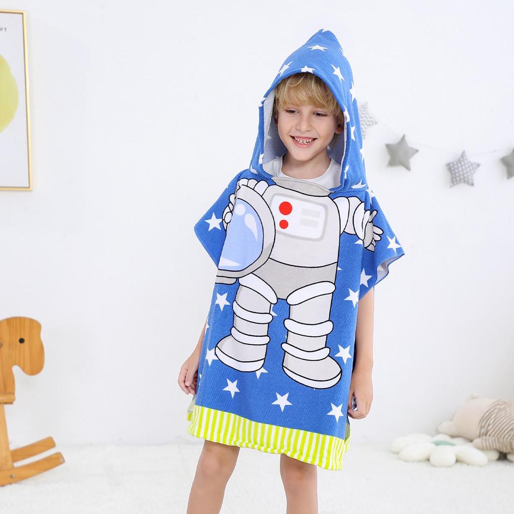 Ultra-Fine Fiber Cartoon Print Kids' Hooded Bath Towel Poncho