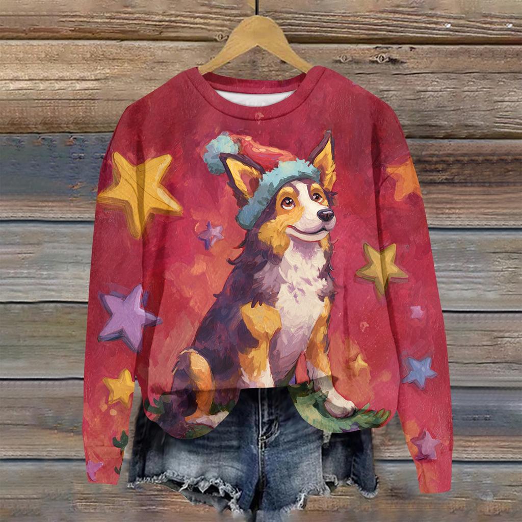 Ladies' Christmas Printed Long Sleeved Round Neck Hoodie Loose Top