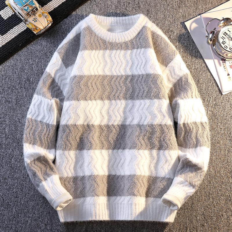 2025 Autumn/Winter Men's Korean Style Color Block Striped Loose Knit Sweater