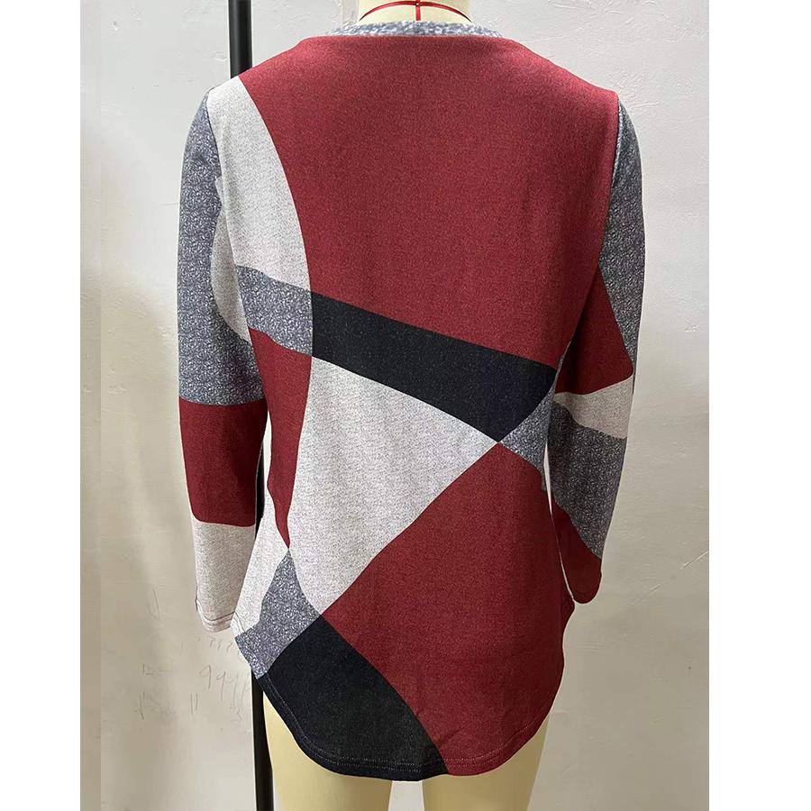 Button Up Geometric Clash Long Sleeve Print Loose T-shirt Women's Top