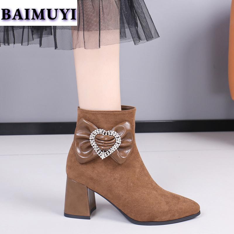 Bow Crystal Pointed Toe Women Ankle Snow Boots High Heels Shoes 2025 Trend Luxury Brand Chunky Chelsea Boots Pumps Mujer Botas