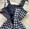 Autumn Winter Women Vintage Spaghetti Strap Houndstooth Tweed Party Short Split Dresses With Pocket