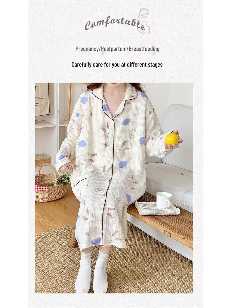 Pure Cotton Gauze Maternity Dress - Summer Nursing Nightgown for Hospital & Home, Plus Size, Women's Spring/Autumn Pregnancy Pajamas.