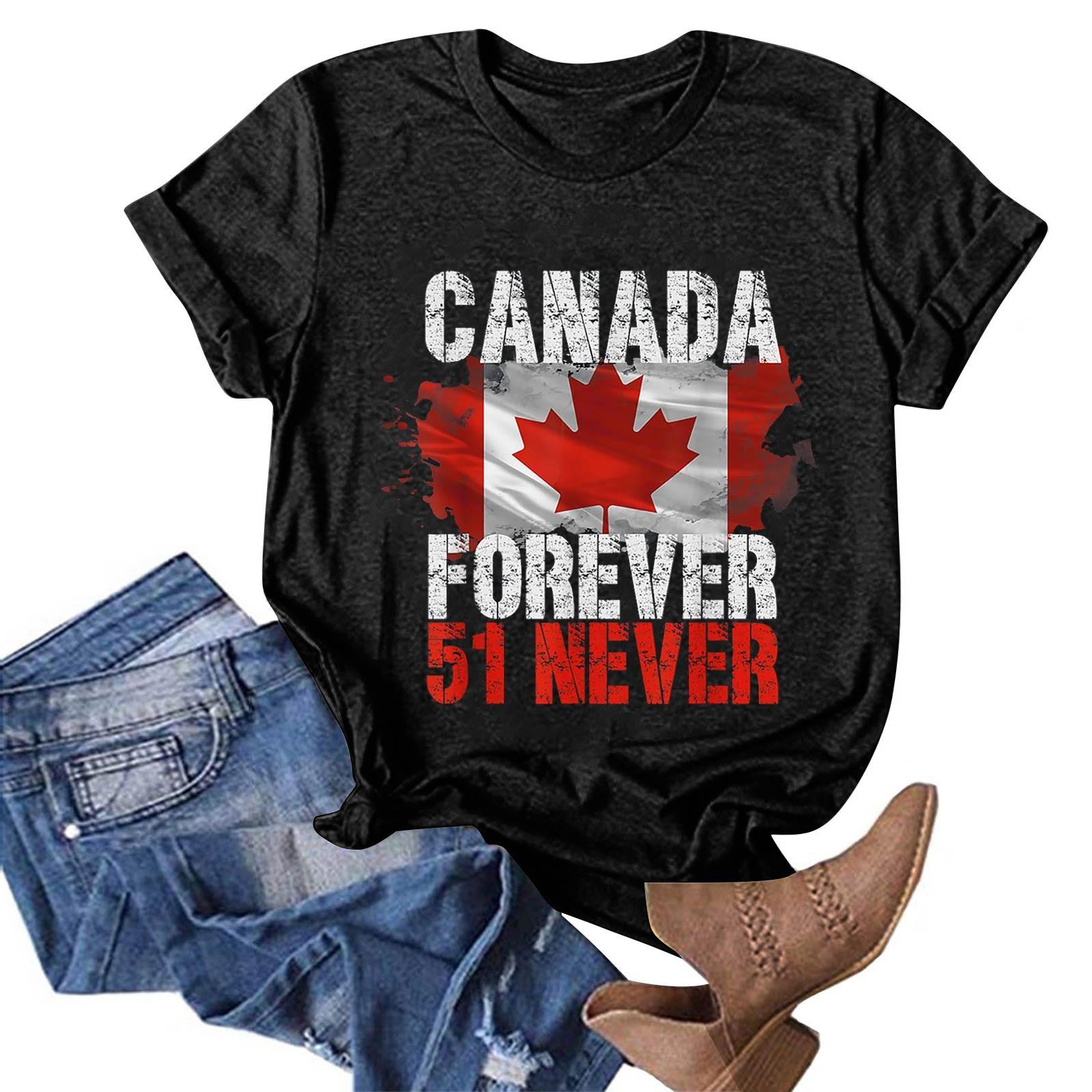 

Women s Casual Fashion Street Slim Short Sleeve Canada Never 51 State Around T-Shirt Top M чорний