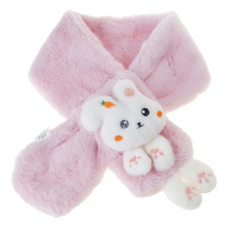 Girls Winter Warm Thicken Scarfs Cartoon Bunny Shape Faux Fur Plush Cross Collar Scarf Shawl Lovely Warm Soft Scarf