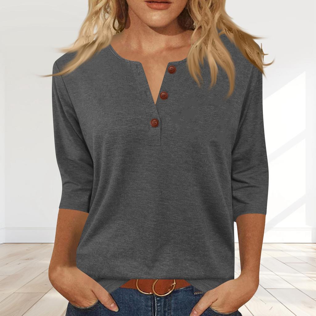 Women's Fashionable Casual Button-down Collar Three-quarter Sleeve T-shirt Top