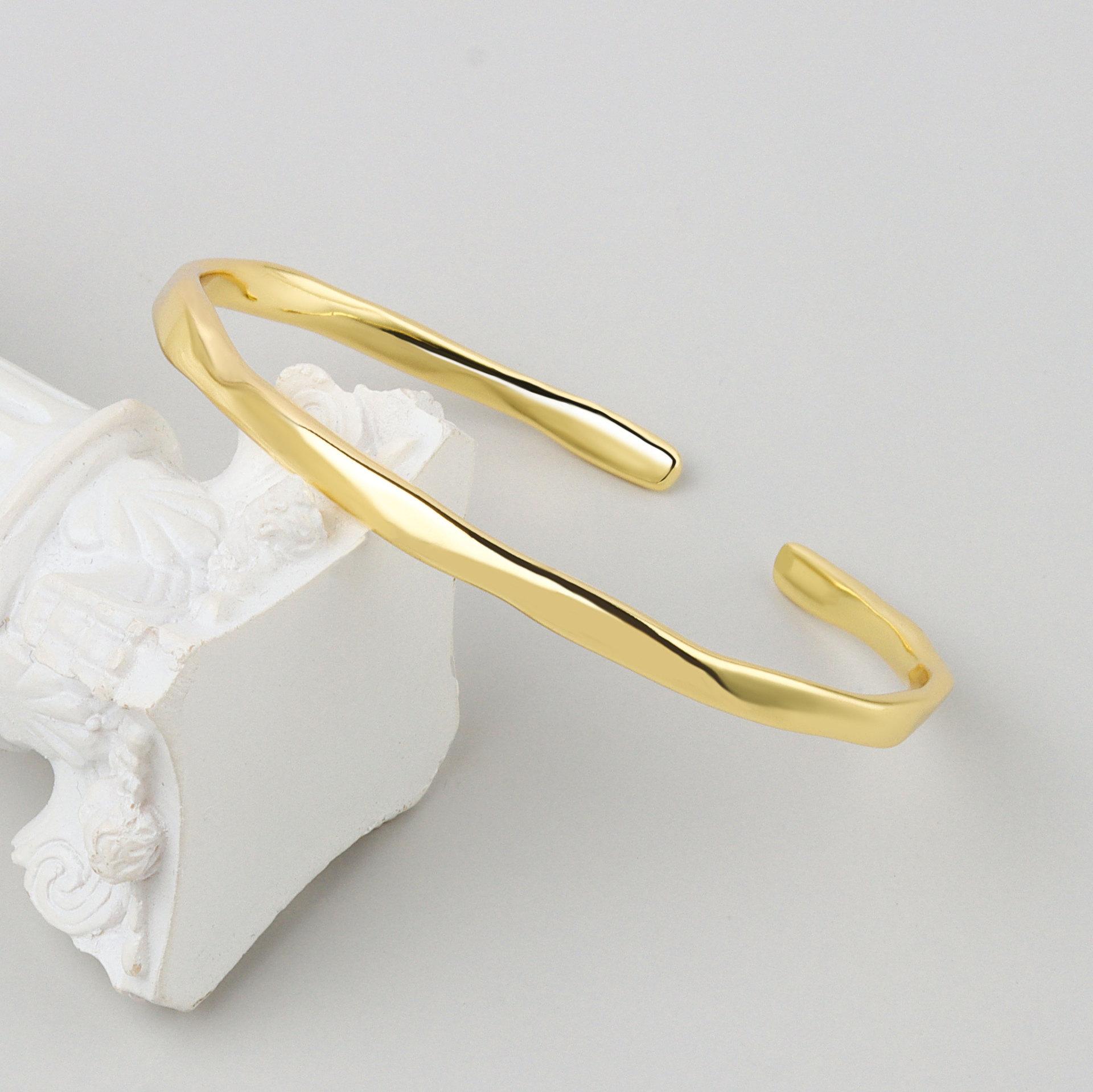 

925 Silver Irregular Smooth Open Cuff Bracelet For Women Minimalist Versatile Bangle Gift For Best Friend золотой