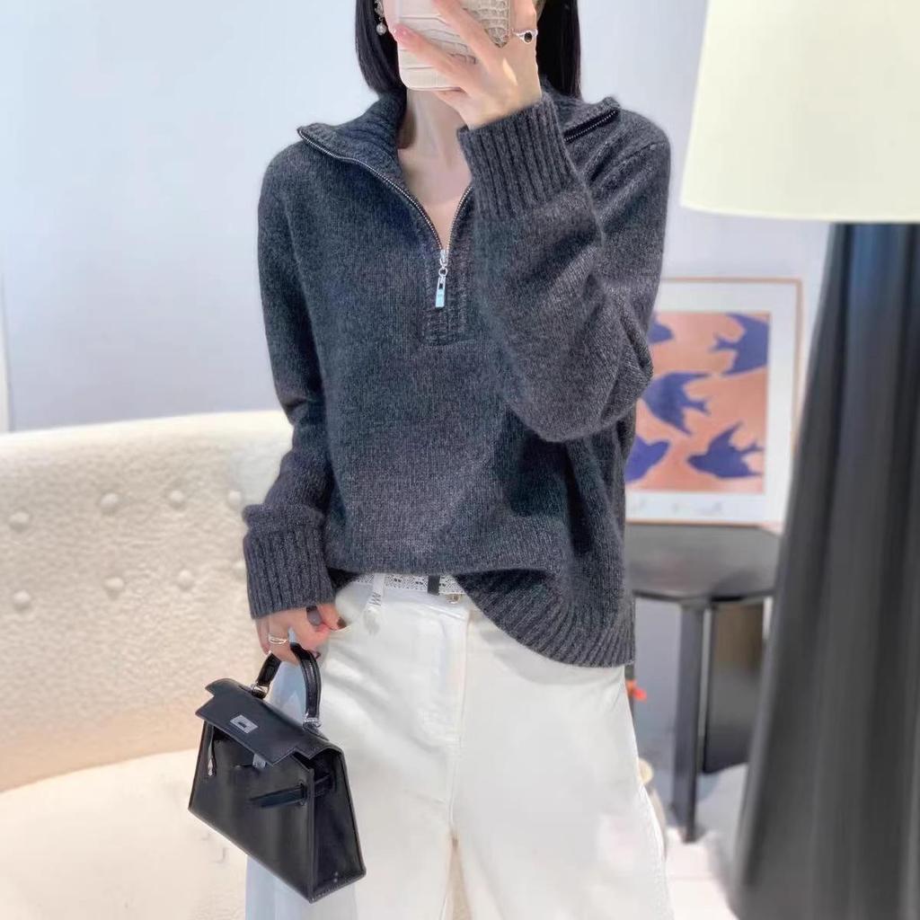 Women's Retro Half-Zip Pure Wool Lapel Sweater - Loose Knit Lazy Style, Autumn/Winter Collection