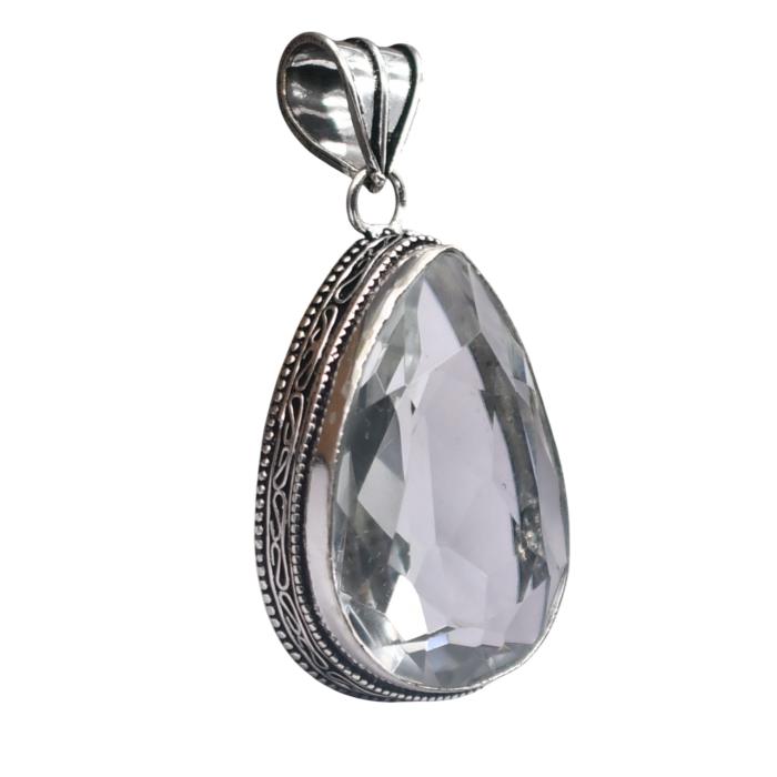 White Topaz Hydro Gemstone Antique Silver Plated Pendant 2" J 2068