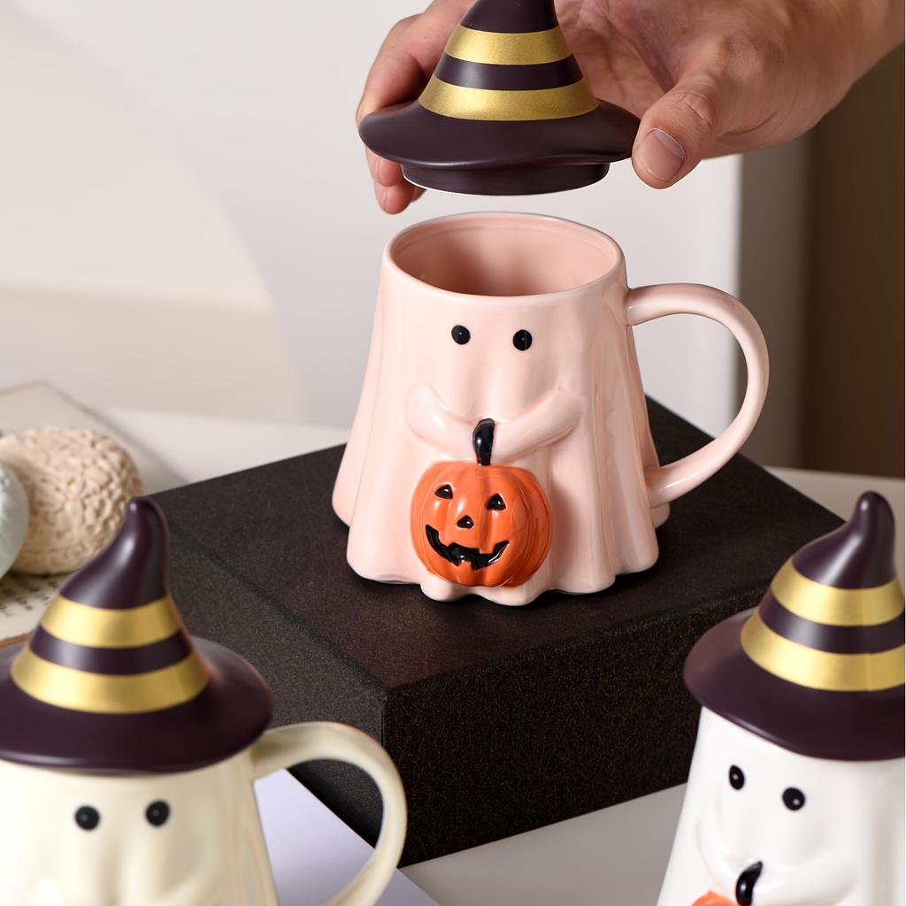 1ks 450ml/15oz Halloweenský keramický hrnek na kávu s 3D roztomilým dýňovým designem, novinkový hrnek s duchem s rozkošným dýňovým obličejem a kloboukem