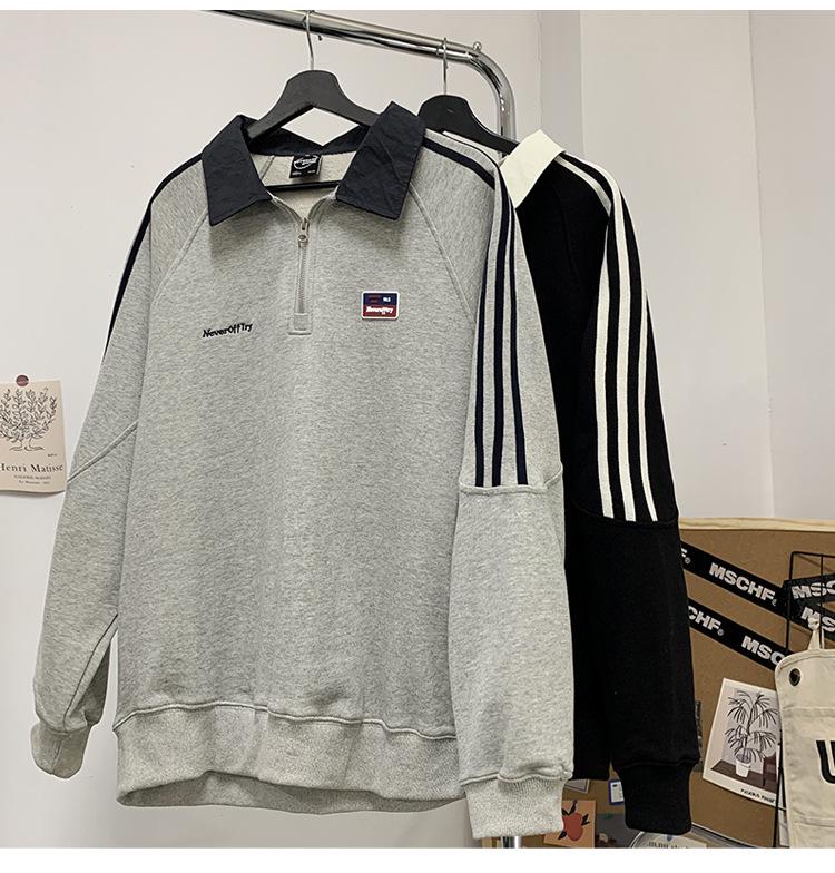 Sweat-shirt polo à demi-zip rayé gris rétro japonais pour homme - Veste à manches longues pour le printemps/l'automne