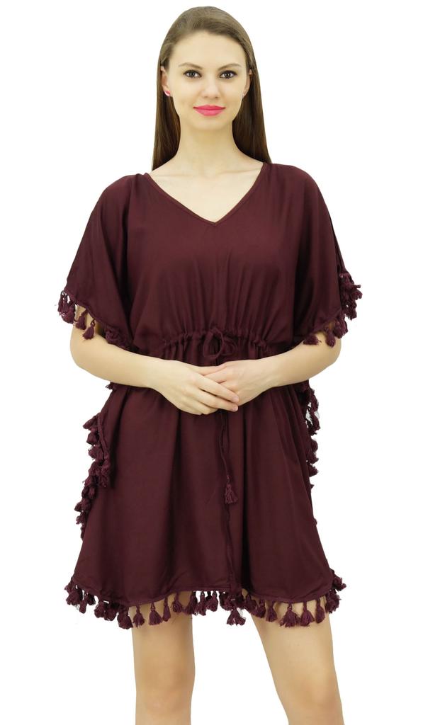 Bimba Women's V Neck Tassel Kaftan Short Rayon Caftan Designer Beachwear Coverup