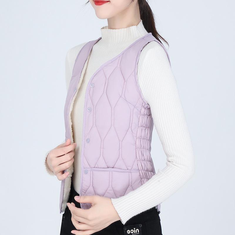 2025 Women's Autumn/Winter V-Neck Down Cotton Vest: Plus Velvet, Thick, Warm, Sleeveless, Slim Fit, Versatile.