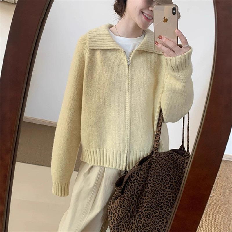 High-end Fashion Lapel Double Zipper Sweater Women's Autumn and Winter New Lazy Style Casual Knitted Cardigan Jacket