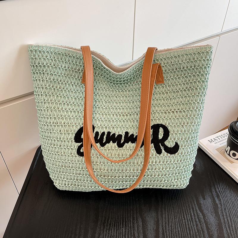 

Ручная соломенная сумка популярная полосатая сумка-тоут с буквами пляжная сумка для улицы путешествий отпуска женская сумка светло-зеленый