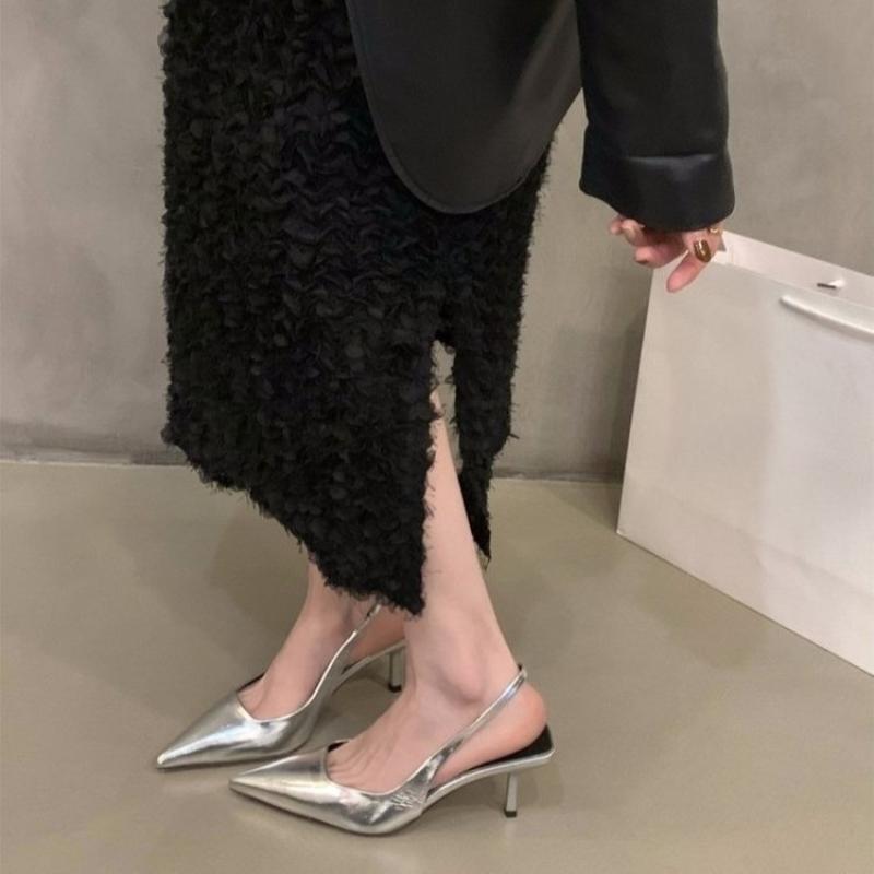 Fashion 2025 Straight Strap Pearl Patent Leather Pointed Toe Heels Stiletto Heel Nude Light Mouth Women's Shoes Sexy Sandals Spring New