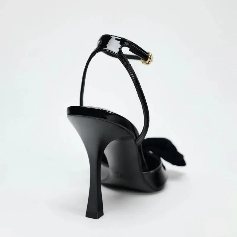 Fashion Elegant Bow Designer Black High Heels Women Sexy Pointed Toe Patent Leather Ankle Strap Thin Heeled Sandals Party Dress Shoes