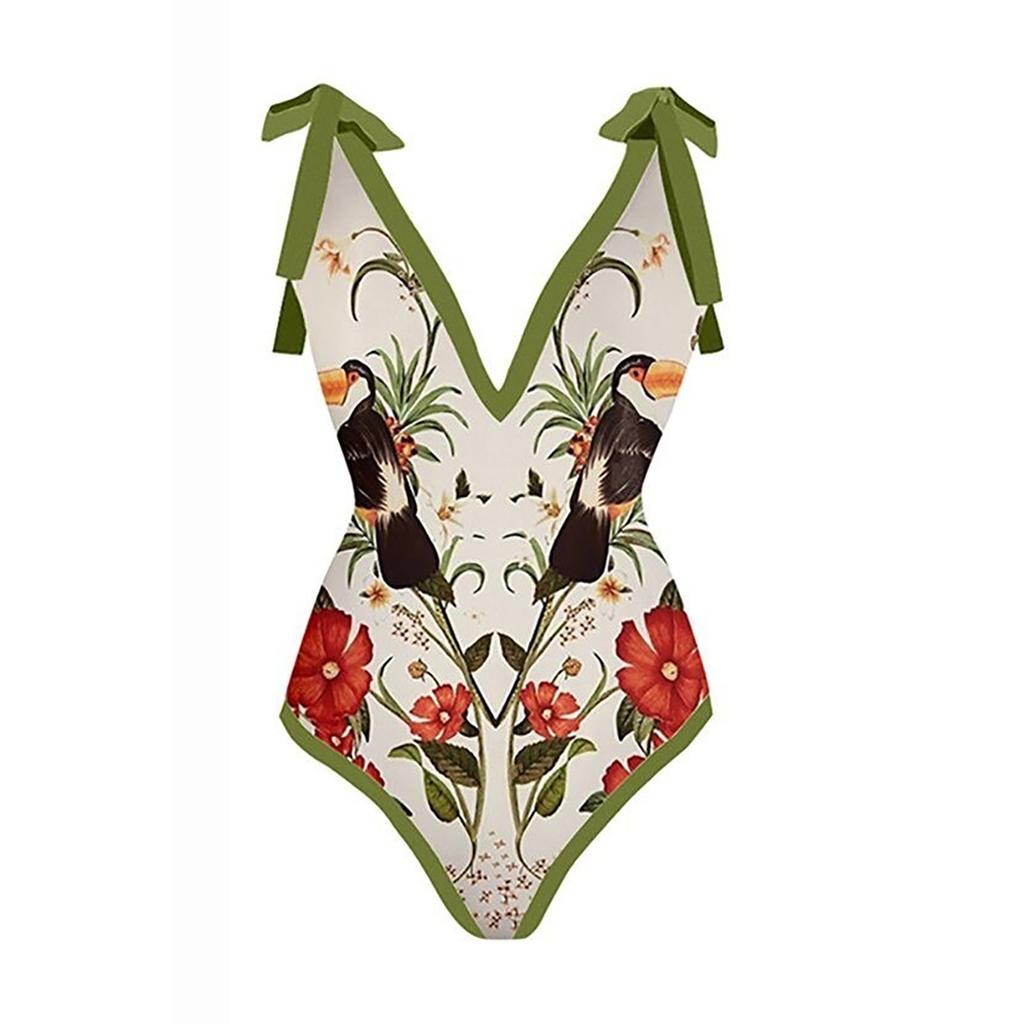 Women One Piece Swimsuit with Tie Shoulder Straps Floral Print with Matching Long Wrap Skirt Beachwear Set