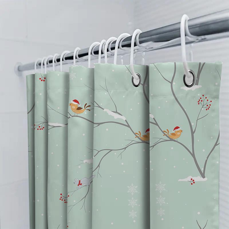 Christmas-Themed Shower Curtain With Birdsholiday Decor For Bathroom, Waterproof Fabric, Washable Design Light Blue Color (#01)