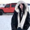 Autumn and winter warm thickened PU leather big fur collar seat mountain carving hooded cotton clothes men and women Guochao loose couple short jacket