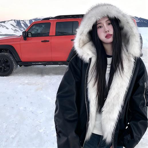 Autumn and winter warm thickened PU leather big fur collar seat mountain carving hooded cotton clothes men and women Guochao loose couple short jacket