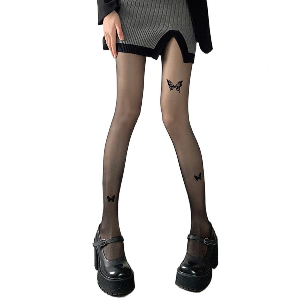 

Women Stockings Butterfly Print Thin Sheer See-through Anti-slip Solid Color Party Pantyhose Tights Stockings прохладный черный