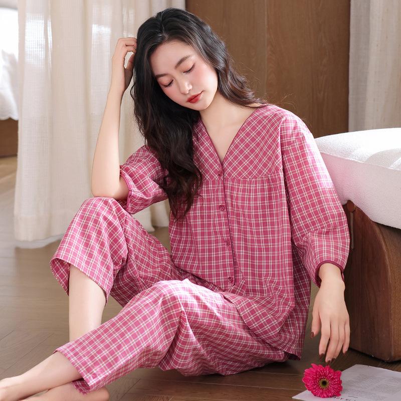 Pajamas women's summer woven pure cotton seven-quarter sleeve gauze cotton thin middle-aged mother spring and autumn loungewear suit